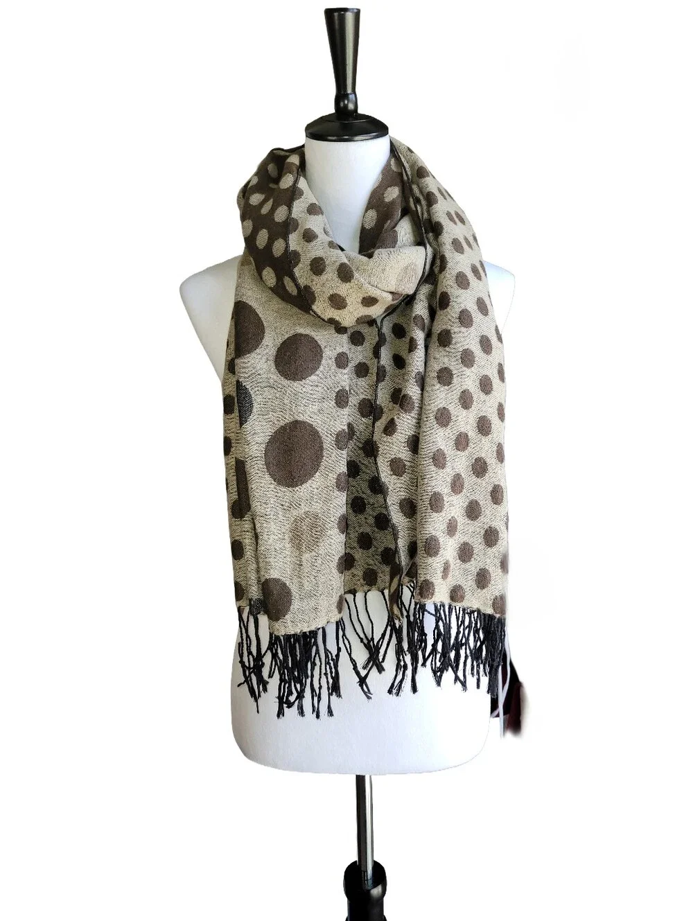 Reversible Brown and Tan Polka Dot Fringe Scarf/Wrap -26